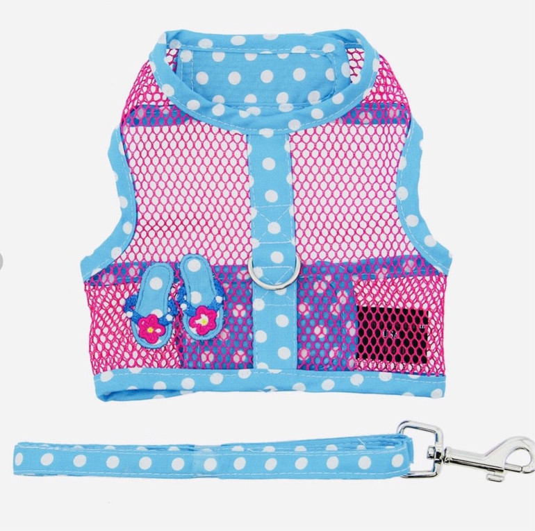 Flip Flop Pink and Blue Cool Mesh Velcro Dog Harness with Leash