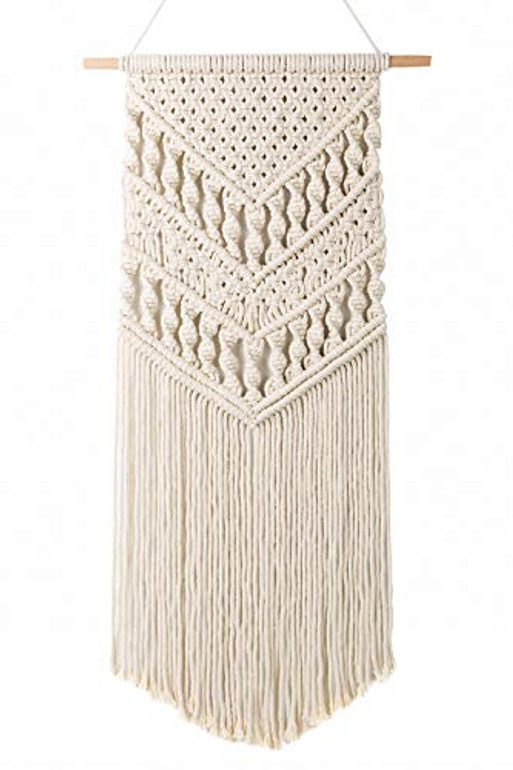 Small Macrame Wall Hanging Woven Tapestry Boho Chic Wood Beads Fringe Wall Art Home Decor