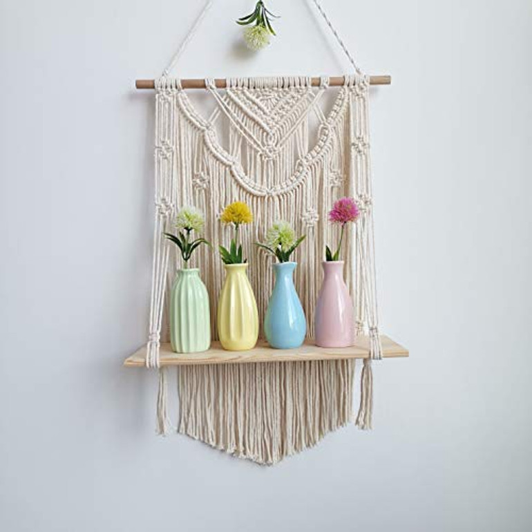 Macrame Wall Hanging Shelf, Wood Floating Hanging Storage Shelf Organizer Hanger