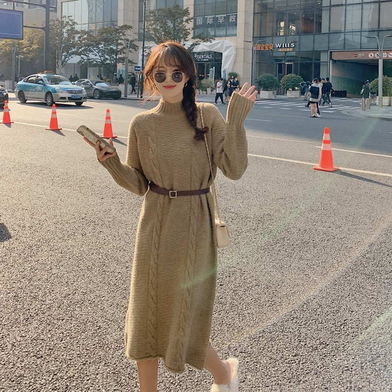 2020 Casual Loose Long Dress High collar Thick Sweater Dress Women Autumn Winter Twisted Knit Dress Female Knitting dress