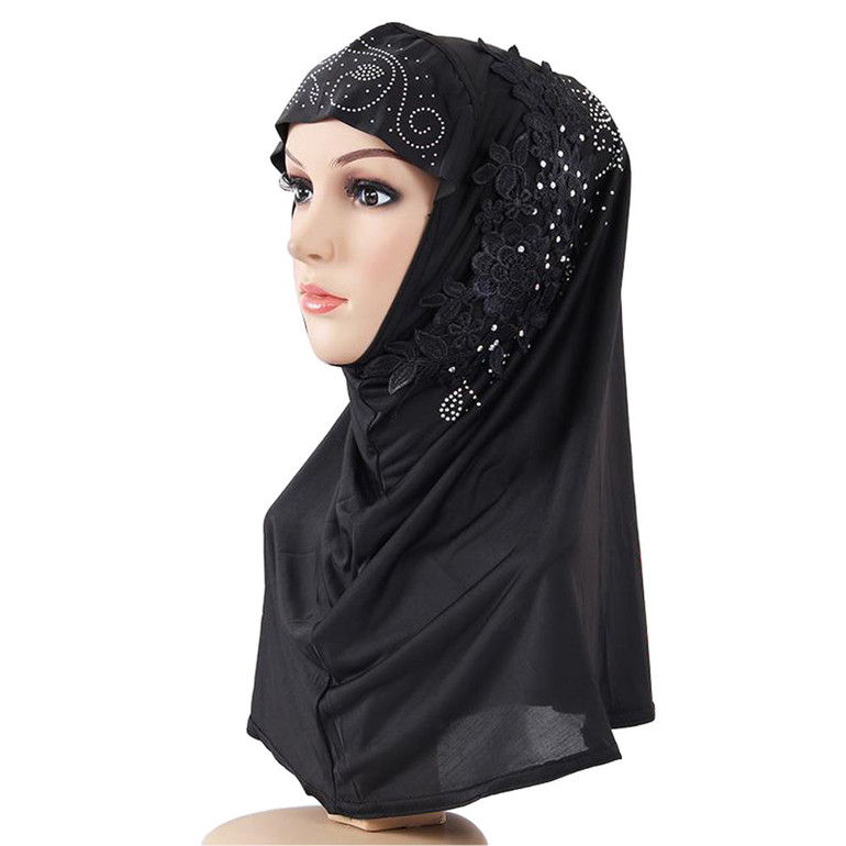 Fashion Lace Flower Rhinestone Decor Women Scarf Muslim Hijab Head Wrap Headwear Fashion Lace Flower Rhinestone Decor Women Scarf Muslim Hijab Head Wrap Headwear