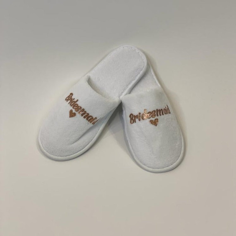 Sample Sale - White Slippers "Bridesmaid" in Rose Gold Glitter Sample Sale - White Slippers "Bridesmaid" in Rose Gold Glitter