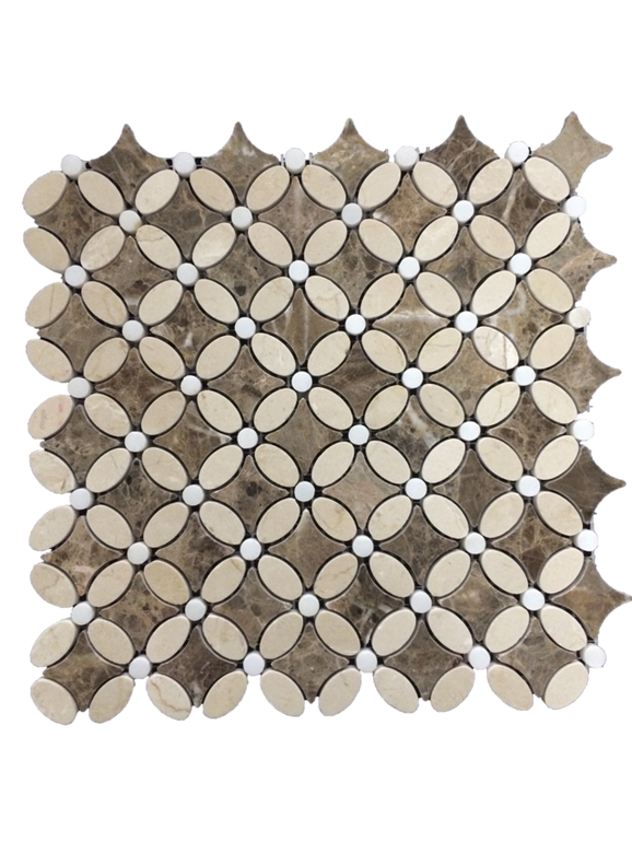 DARK EMPERADOR FLEUR WITH CREMA MARFIL AND WHITE THASSOS DOT MOSAIC
