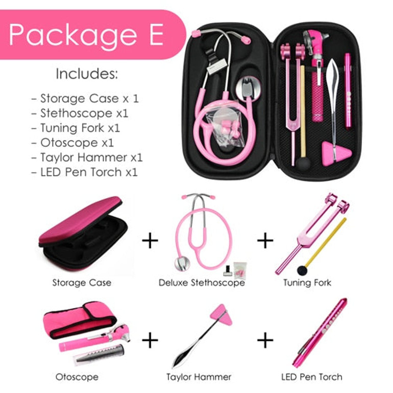 Pink Colored Stethoscope Otoscope Tuning Fork Reflex Hammer LED Penlight Torch Tool With Storage Case Kit