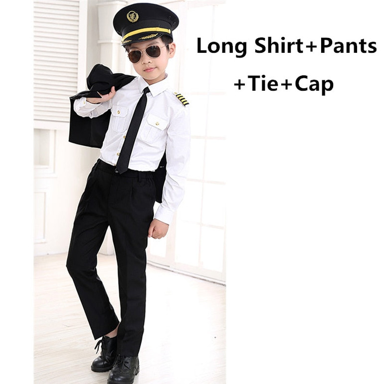 Kids Career Costume Pilot Flight Attendant Cosplay Uniforms Aircraft Captain Clothes