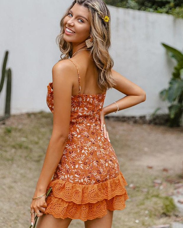 Floral print hollow mini dress