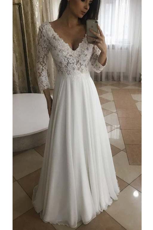 Long Bridal Gown A Line V Neck Chiffon Top Lace Wedding Dress W672