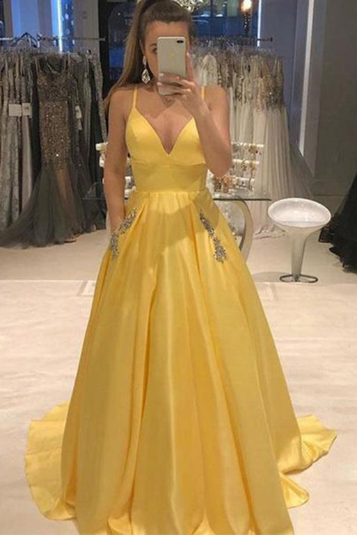 Yellow Spaghetti Straps A Line V Neck Prom Dress D382
