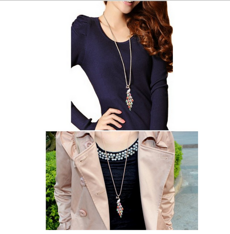 Super Dazzling Gold Plated Rhinestone Colorful Peacock Long Necklace