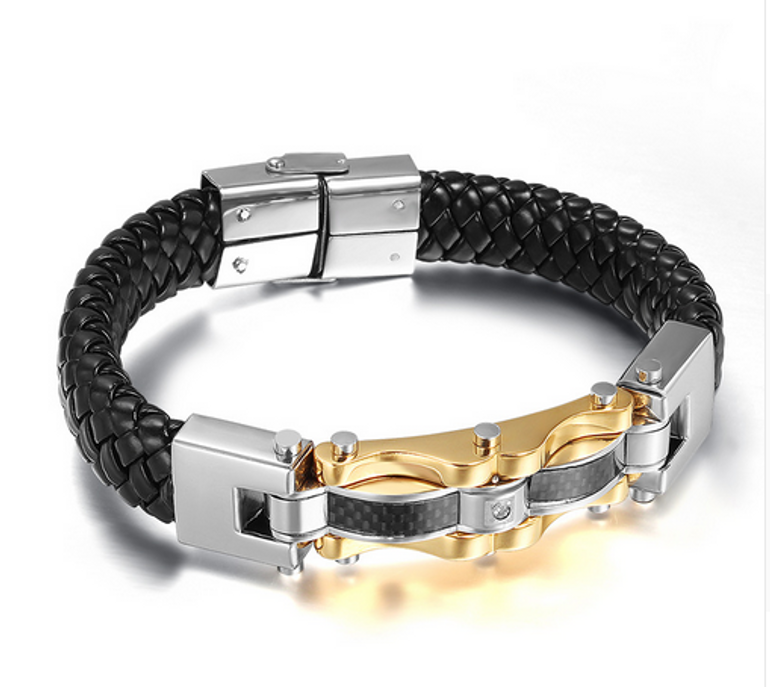 Leather Silver&Gold Plated Men Bracelet