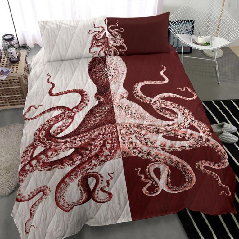 Red Octopus Art Contrast Bedding Set
