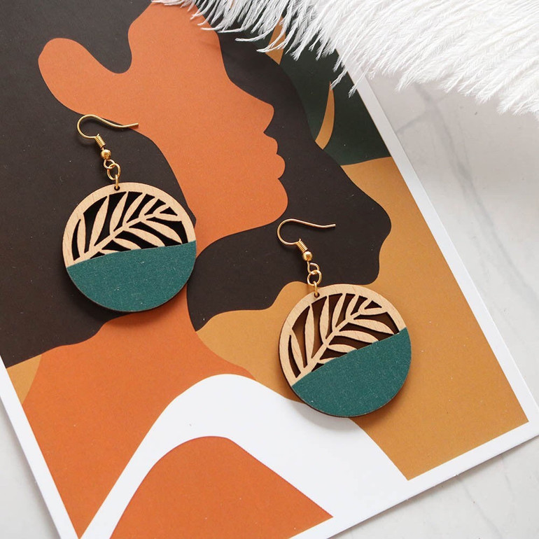 Boho-style Leaf Art Wooden Earrings In Round Shape Handmade