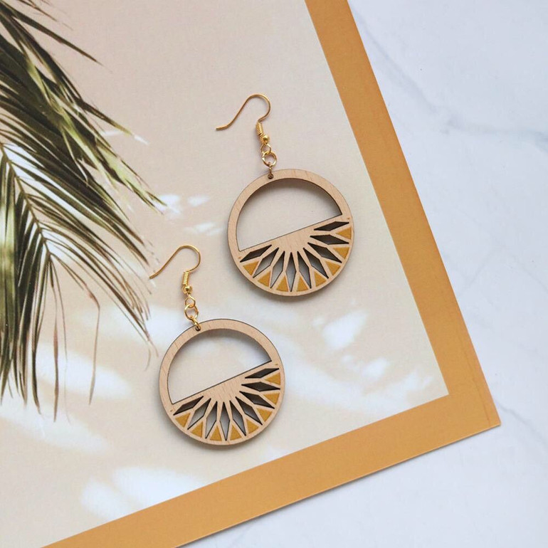 Half-Flower Boho-style Wooden Earrings In Round Shape Handmade