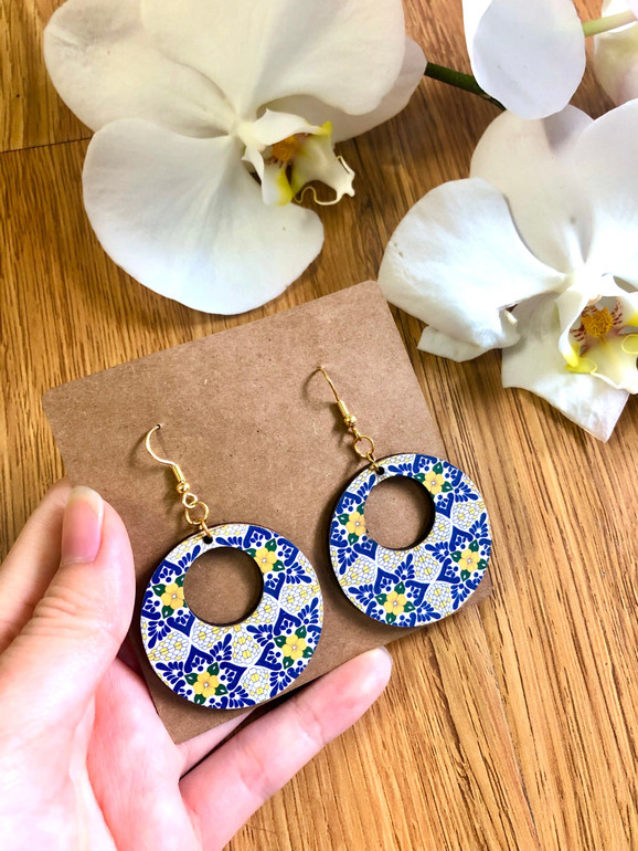 Boho-style Purple Pattern Art Wooden Earrings In Round Shape Handmade