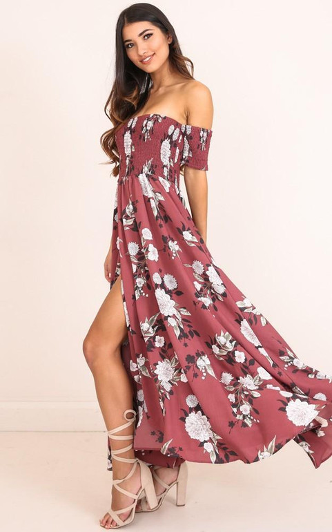 Print Off Shoulder Split Beach Boho Maxi Dress