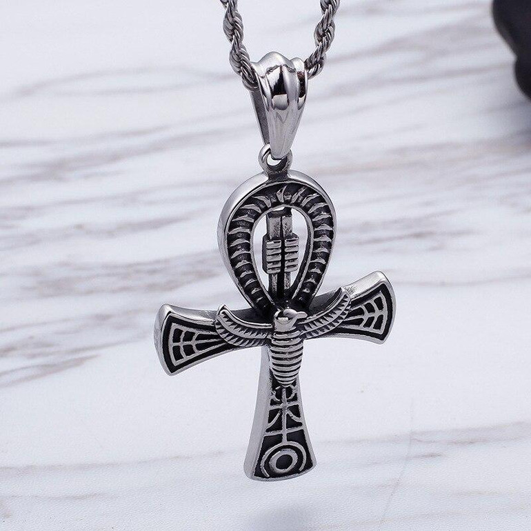 Silver Scarab Charm Ankh Pendant and Chain Necklace Silver Scarab Charm Ankh Pendant and Chain Necklace