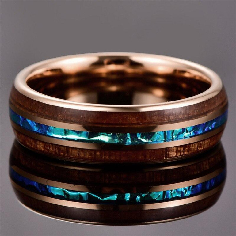 8mm Rose Gold Tungsten Carbide in Blue Inlay with Wood Koa Wedding Band 8mm Rose Gold Tungsten Carbide in Blue Inlay with Wood Koa Wedding Band