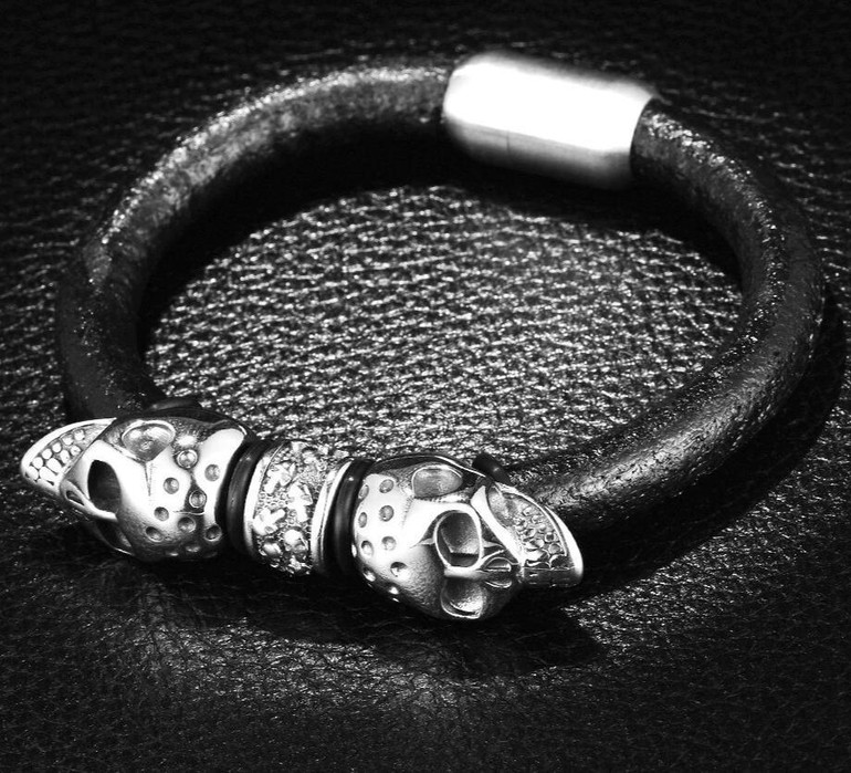 Black Braided Leather Stainless Steel Twin Devil's Skull Bracelet Black Braided Leather Stainless Steel Twin Devil's Skull Bracelet