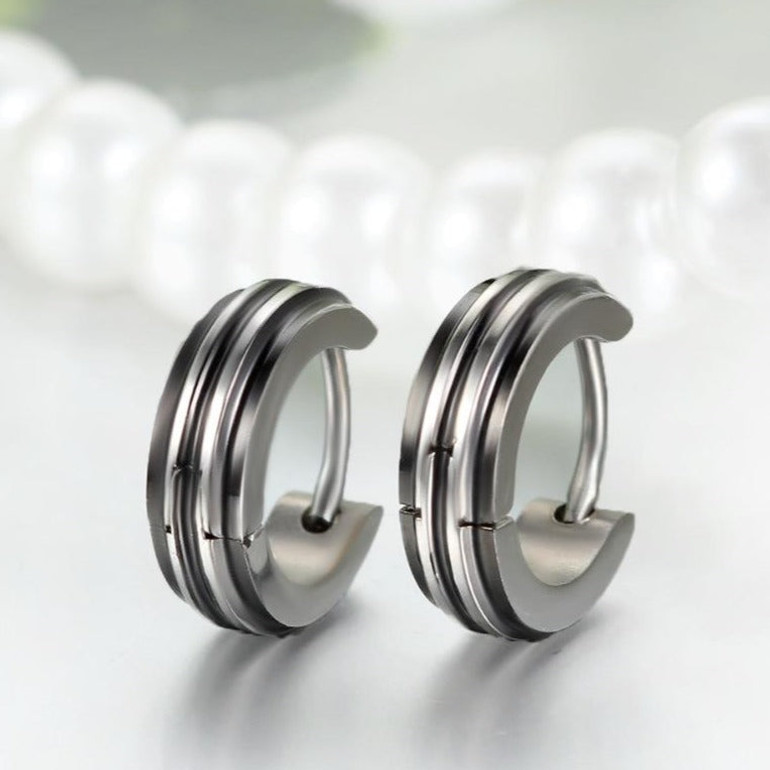 Men's Stainless Steel Stud Hoop Huggie Earrings Silver Tone Black