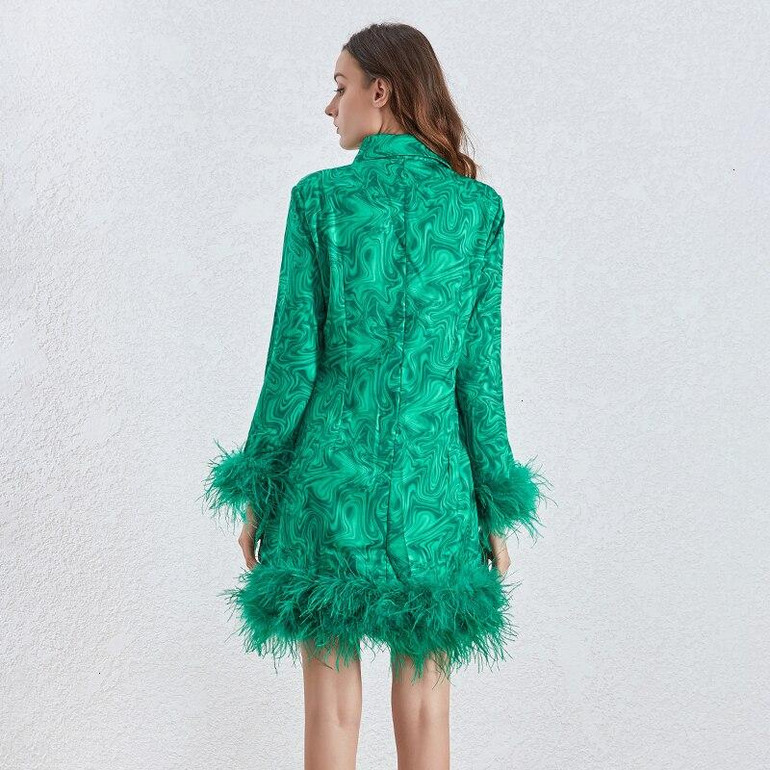 Feather Trim Dress-  Long Sleeve Feather Mini Dress