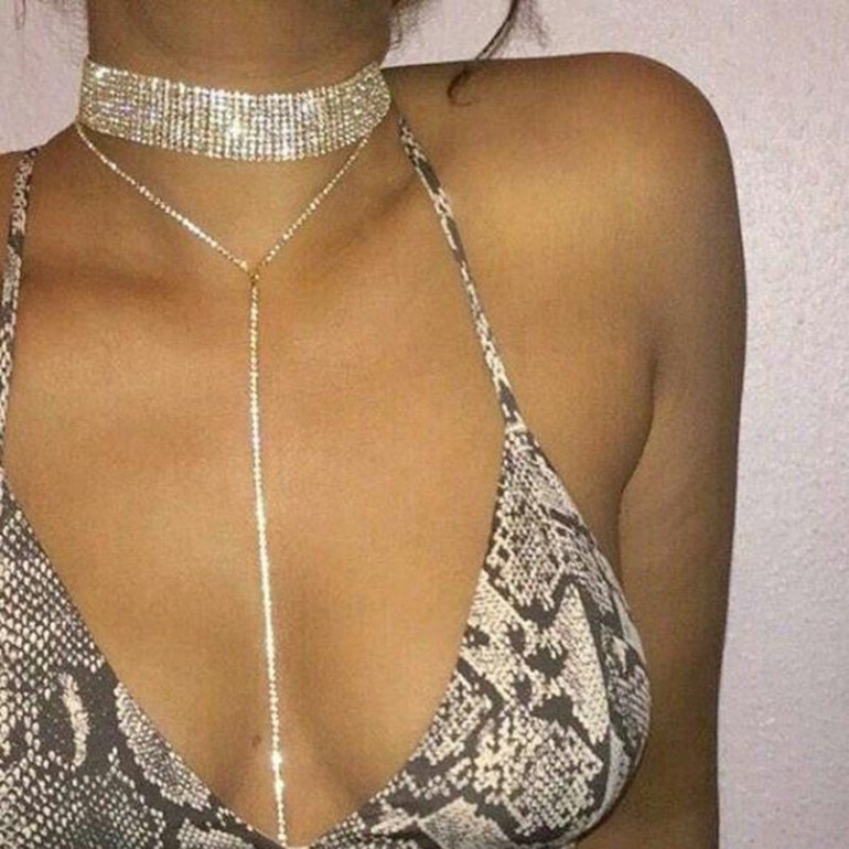 Rhinestone Choker Y Necklace