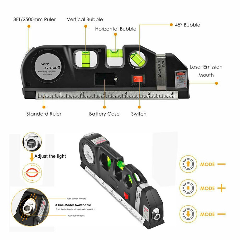 Multipurpose Laser Level Vertical Horizon Measuring Tape Aligner Ruler