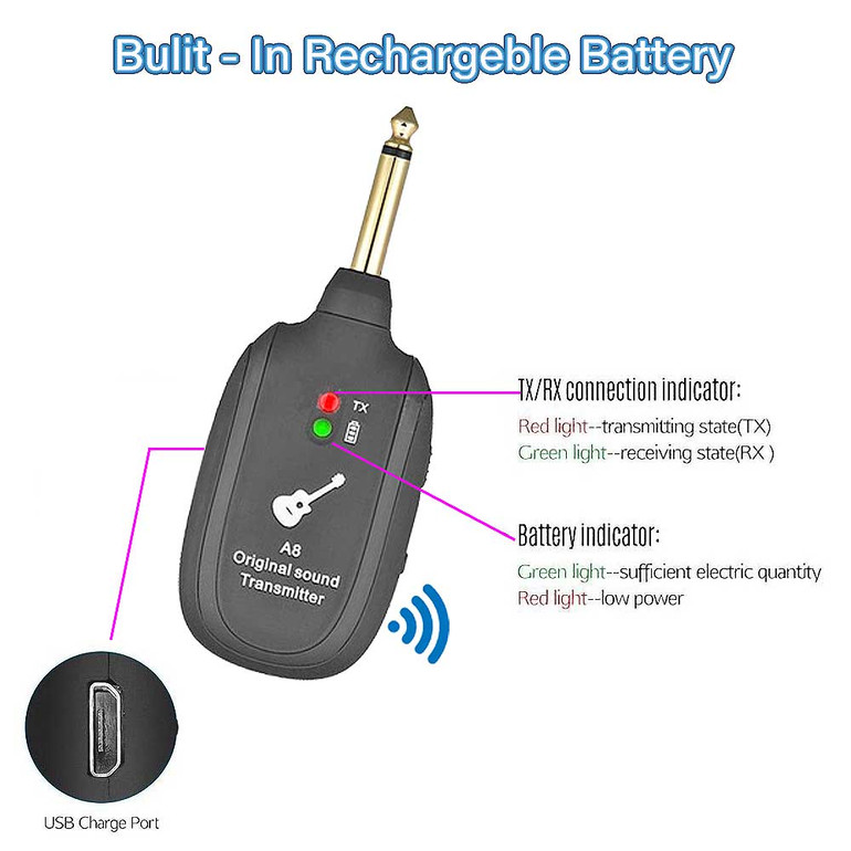 HF Wireless Audio Guitar Bass Transmitter Receiver System Max. 50M Range