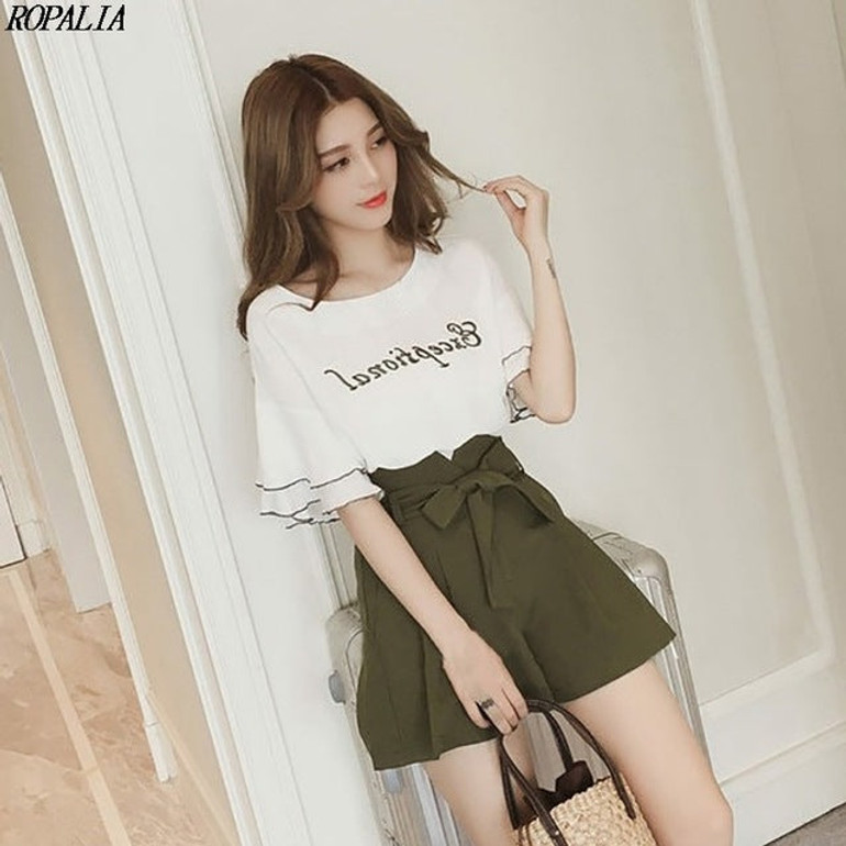 Fashion 2 Piece Set Women O-Neck Letter Print Short Petal Sleeve Top And Shorts Sets Sweet Elastic Waist+Drawstring