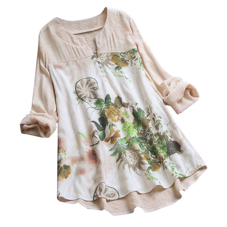 Blouse Women Vintage V-Neck Floral Printing Patch Long Sleeves Top Shirt Dames Blouses Lange Mouwen Chemisier Femme Woman Blouse