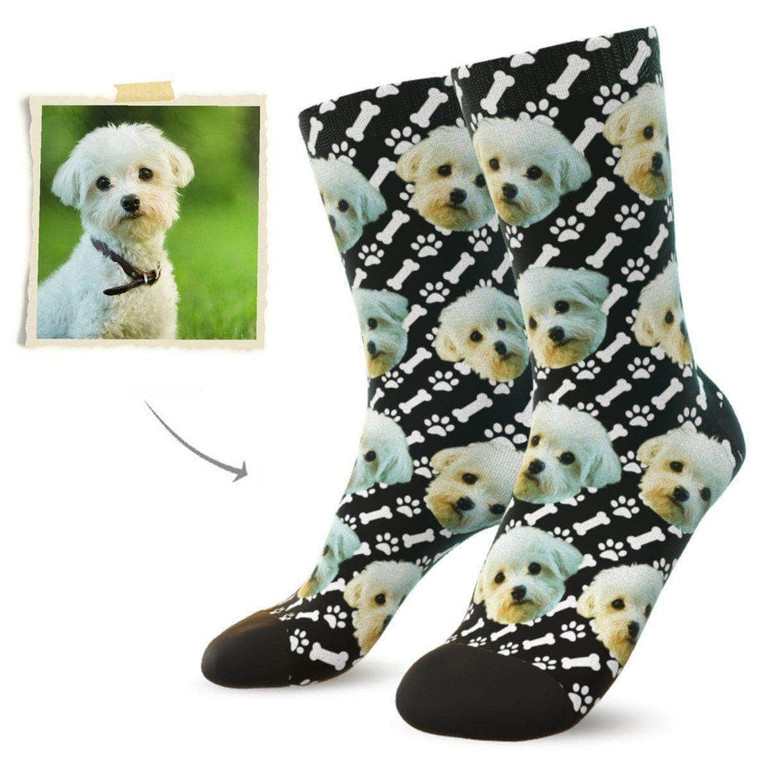 Custom Dog Face Socks (Bones and Footprints) - Best Gifts For Dog Lovers