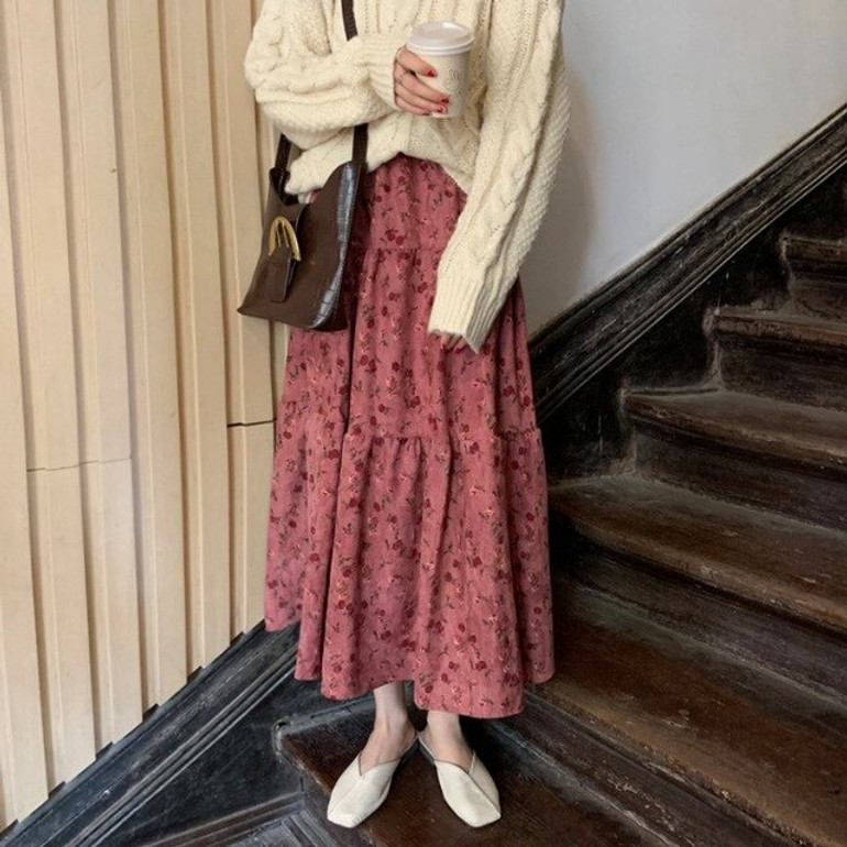 Vintage Floral Print Pleated Long Skirts