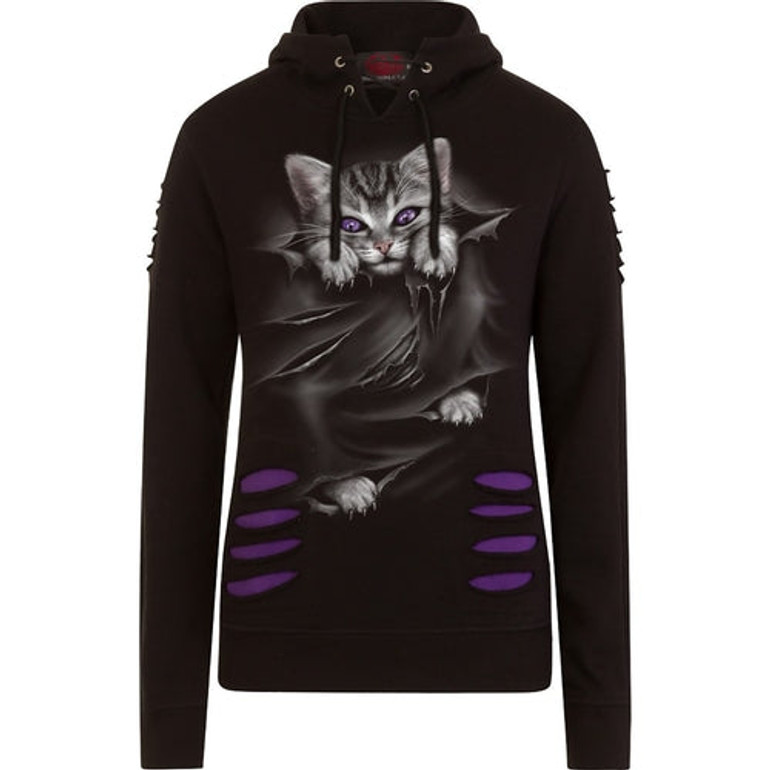 BRIGHT EYES - Large Hood Ripped Hoody Purple-Black