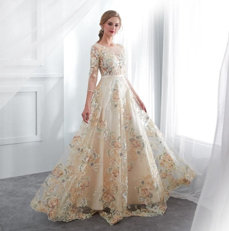 Floral Prom Dresses Walk Beside You Lace 3/4 Sleeves A-line Champagne Belt Empire Waist Long Evening Gowns Vestido De Formatura