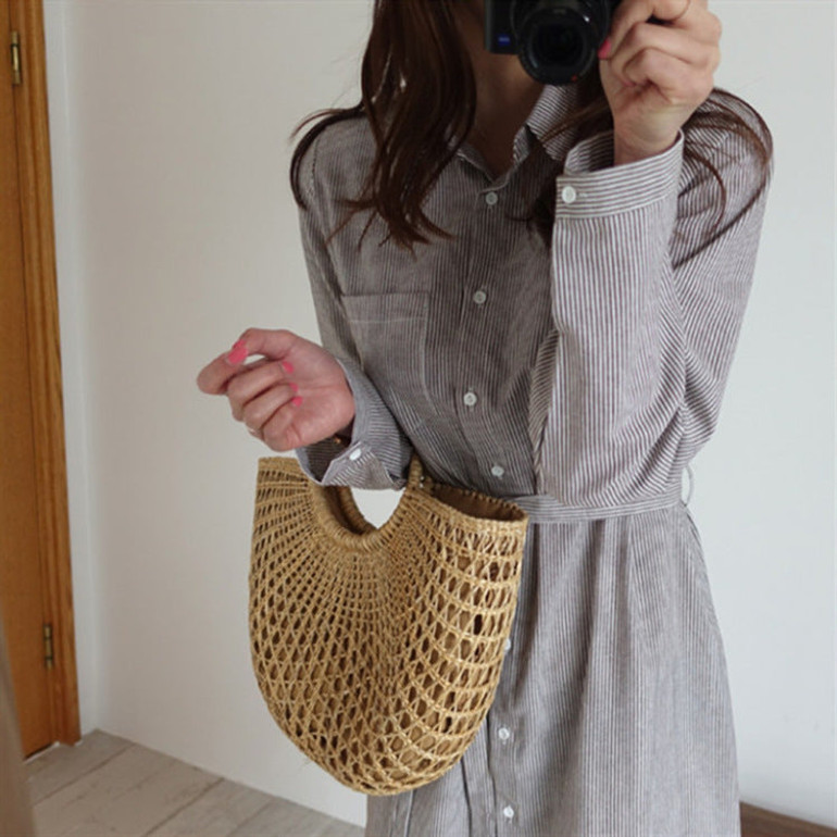 New Beach Portable Simple Moon Hollow Straw Bag