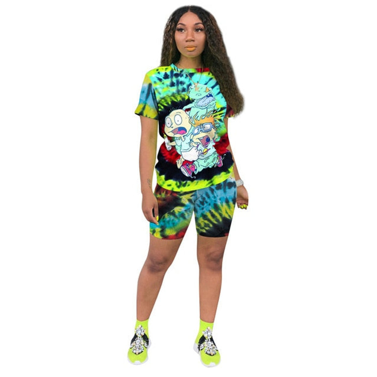 2020 Two Piece Set Women Clothes Tie Dye Cartoon T- Shirt & Biker Shorts Set Sweat Suits Lounge Wear Outfits Ensemble Femme 2020 Two Piece Set Women Clothes Tie Dye Cartoon T- Shirt & Biker Shorts Set Sweat Suits Lounge Wear Outfits Ensemble Femme