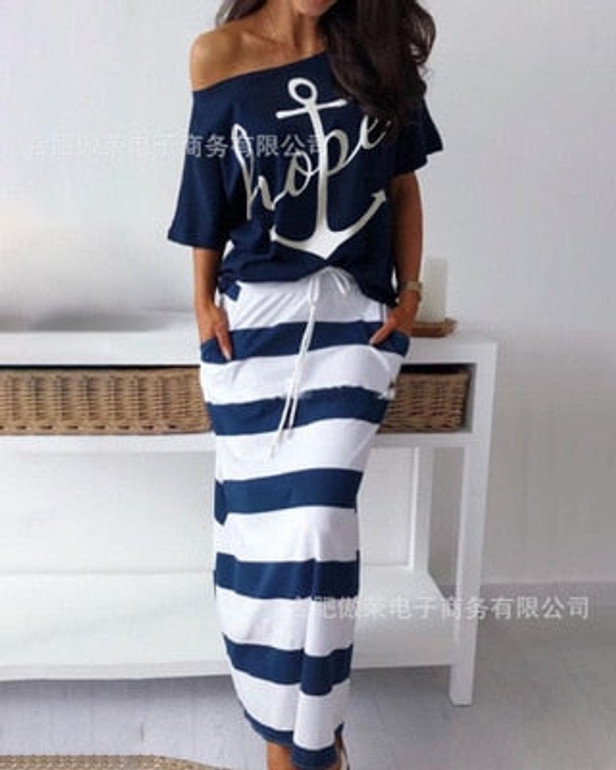 2 piece set women Lounge Wear Hope Boat Anchor Print Off Shoulder T-Shirt Top And Regular Striped Skirt Sets Summer Two Piece