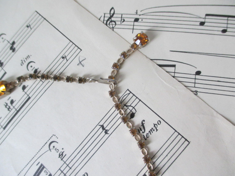 Vintage Emerald Cut Amber Rhinestone Necklace