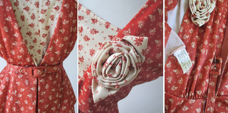 • Vintage 70's Calico Floral 40's Look Dress & Peplum Jacket Rosette Set M