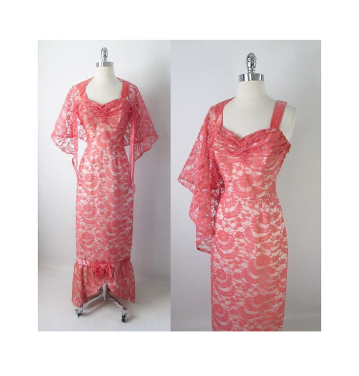 Vintage 50's Pink Lace Mermaid Hem Party Dress Matching Wrap Gown S