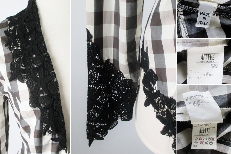 Vintage Ozbeck Victorian Gothic Lace Black White Gingham Plaid Jacket M