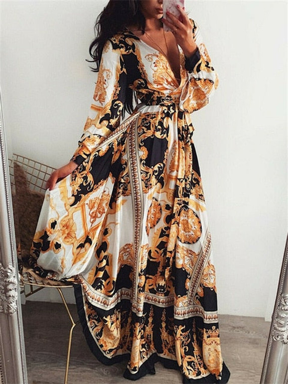 Elegant Long Sleeve Deep V Neck Printed Evening Dress Elegant Long Sleeve Deep V Neck Printed Evening Dress