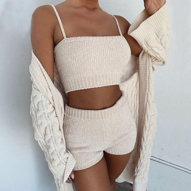 Spaghetti Strap Knitted 2 piece Crop Top Set