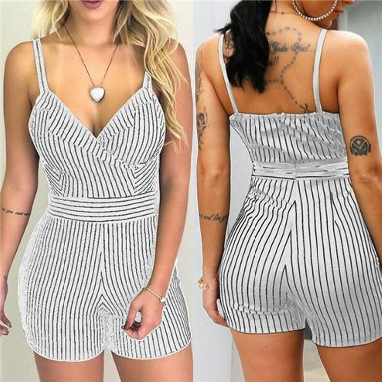 Sleeveless Backless Pin-Striped Romper