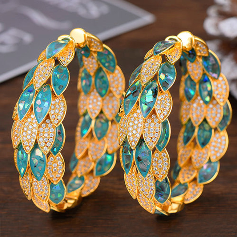 Luxury Peacock Abalone Shell Statement Big Hoop Earrings For Women Wedding Cubic Zircon DUBAI Bridal Circle Hoop Earring