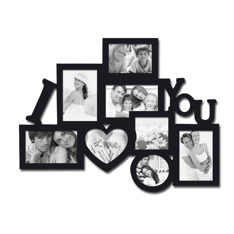 Adeco Decorative Black Wood 8-opening Decorative Wood 'I Love You' Collage Wall Hanging Photo Frame