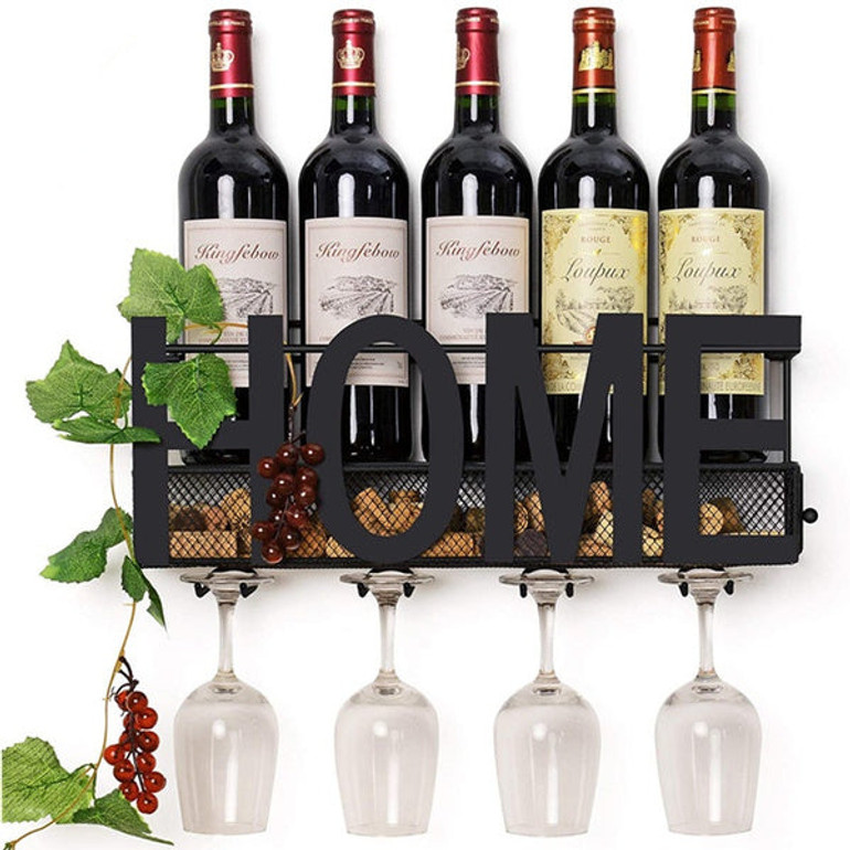 Wall Mounted Metal Wine Rack 4 Long Stem Glass Holder & Wine Cork Storage