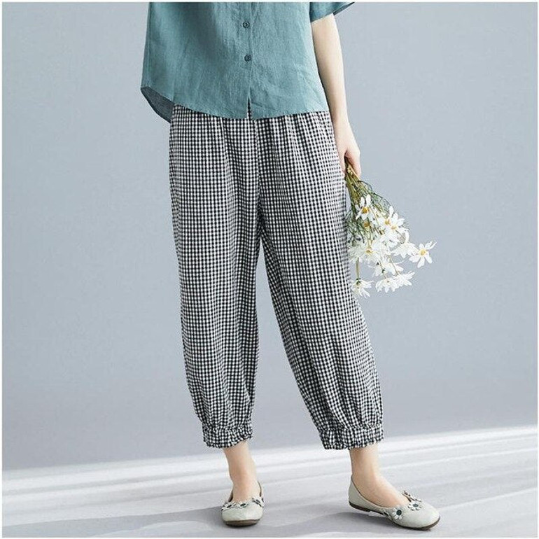 Summer Cotton Casual Loose Plaid Trousers Elastic Waist Ankle-length Pants