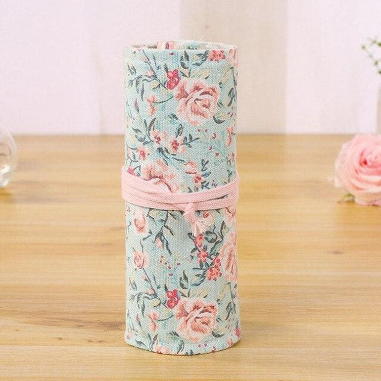 Pink Flower Canvas Makeup Brush Bag