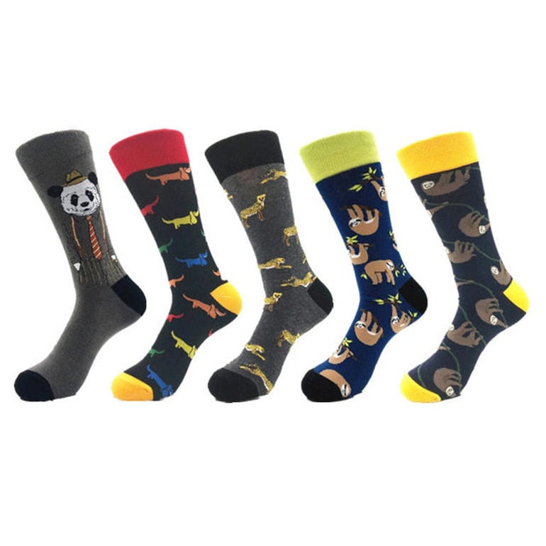CURRADA 5pairs Men's Combed Cotton Colorful Funny Socks Long Compression