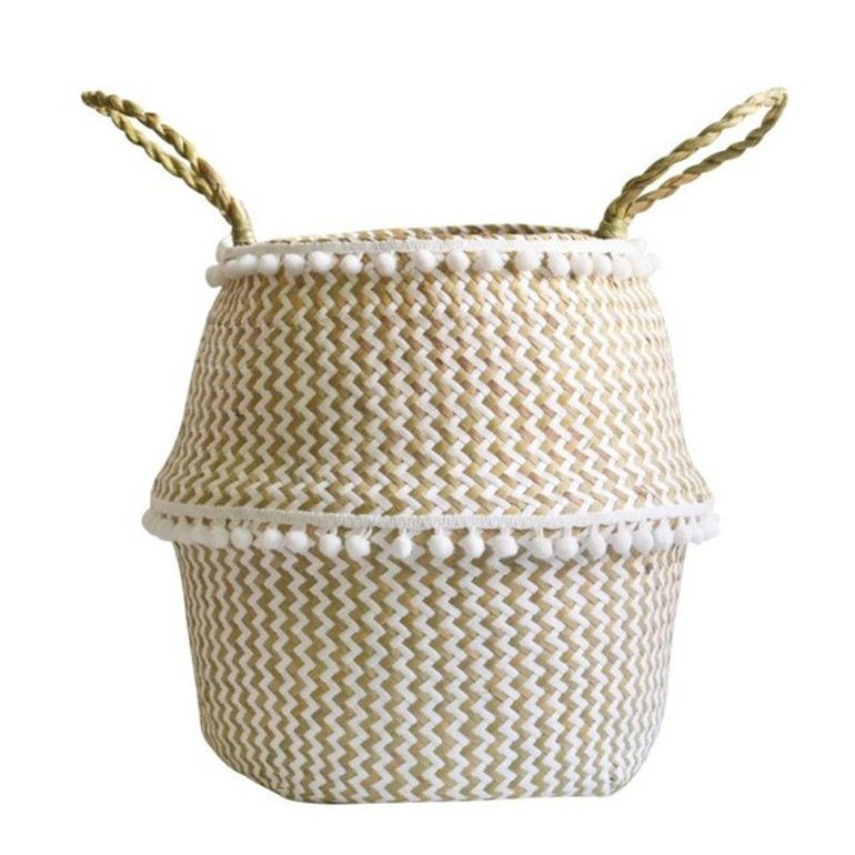 Foldable Handmade Storage Basket Folding Wicker Rattan Seagrass Belly Straw Garden Flower Pot Planter Laundry Basket